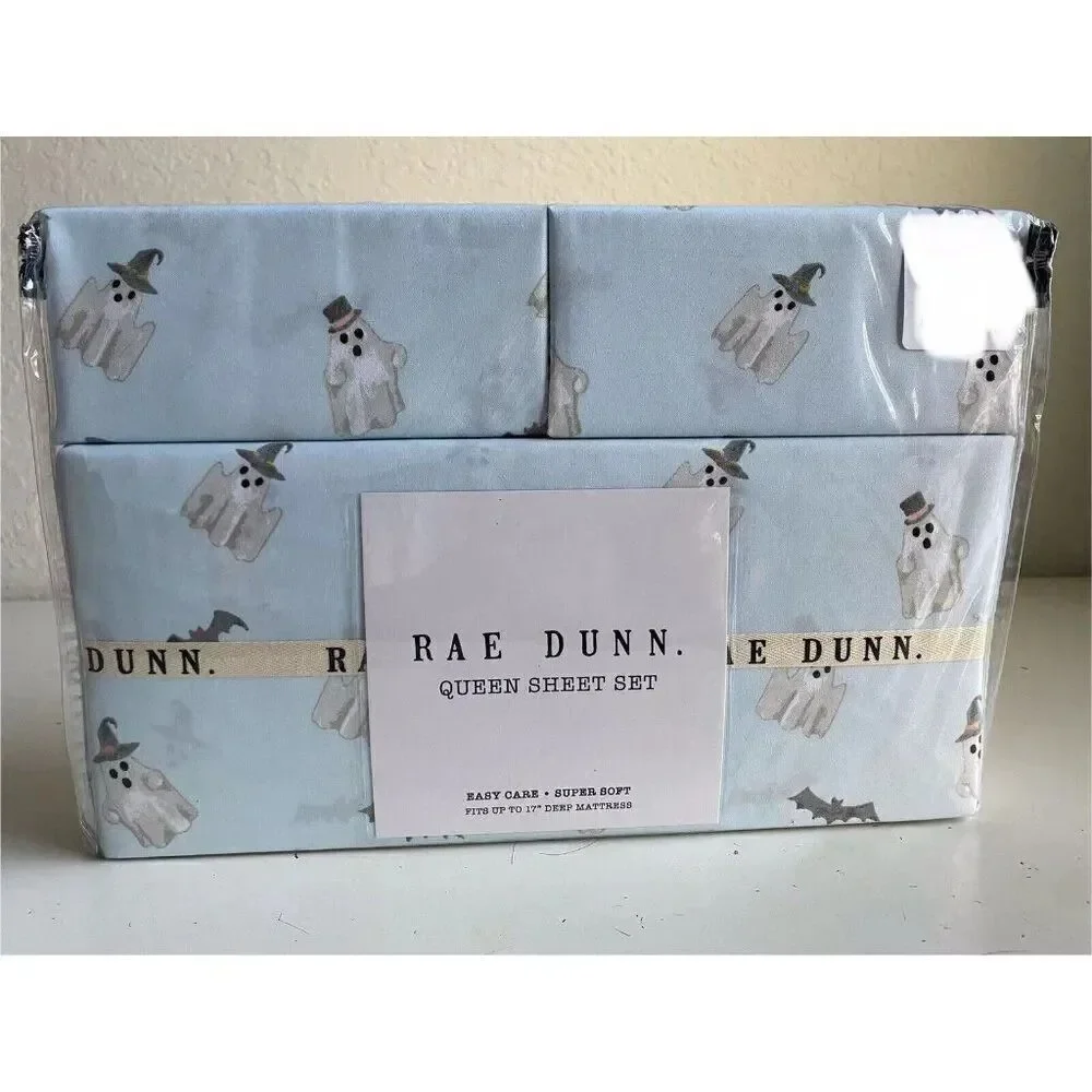 4 Pc Rae Dunn Halloween QUEEN Sheet Set Halloween Ghosts With Hats Boo Bats Blue